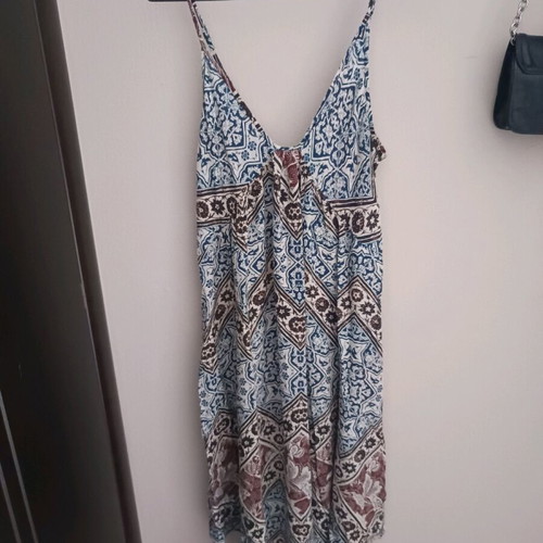 Asymmetric dress like new, brown and turquoise, viscose
