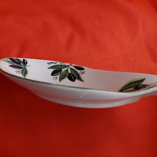Serving plate for olives 26x12cm ceramic with handmade painting and pit curve new