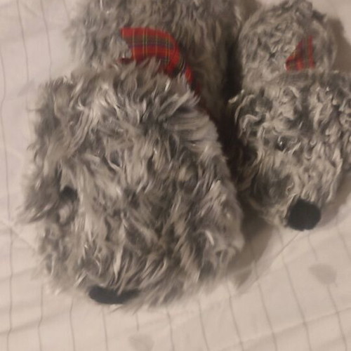 Stuffed dog mom and baby used with Scottish ribbon