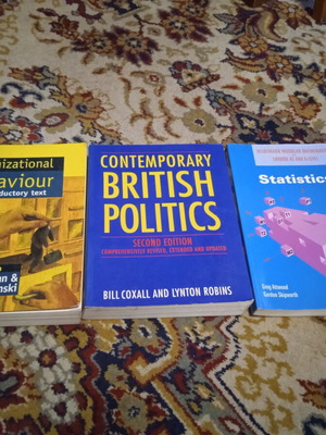 Three English books with notes, Organizational Behaviour, British Politics, Statistics