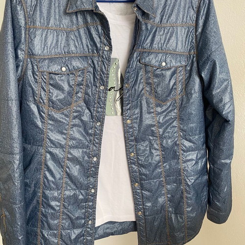 Puffer jacket with printed denim shirt like new, size M, blue