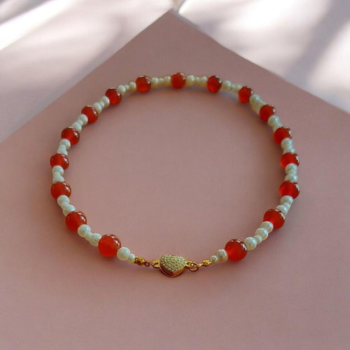 Handmade Necklace with Pearls, Red Agate and Magnetic Heart Clasp 48cm new
