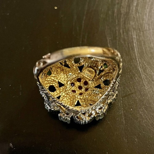 Silver-gold ring like new with emeralds and rose cut diamonds
