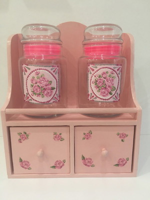 Handmade shelf with drawers and 2 hand-painted jars new