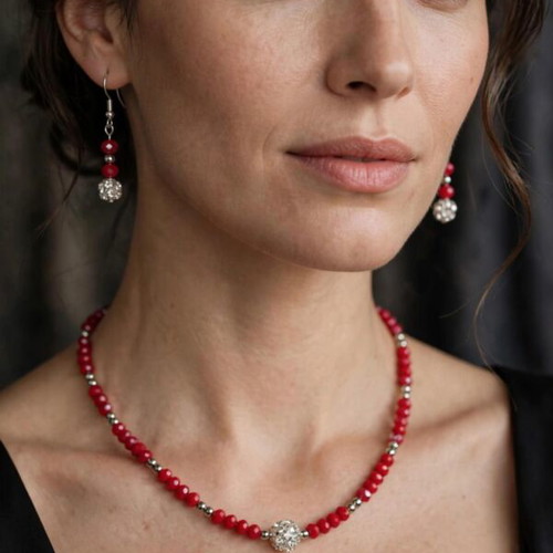 Handmade crystal beaded red and silver elegant jewelry set