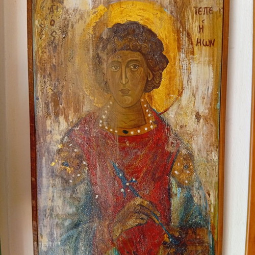 Saint Panteleimon Modern Icon with Sand and Gold Leaf, Like New, 40x70 cm