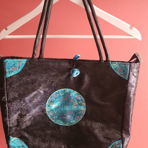 Chinese satin bag used, black and turquoise, 38x26 cm, broken zipper