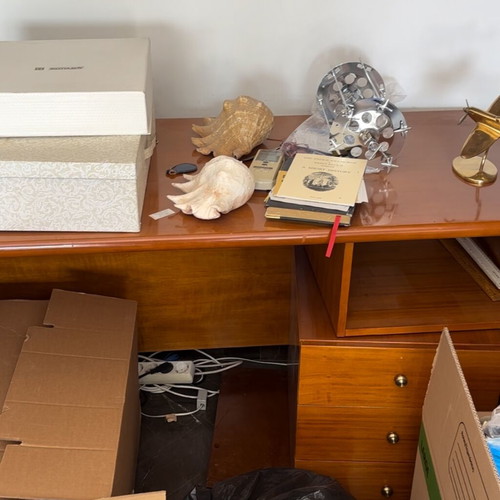 Wooden desk used with built-in shelf and three drawers