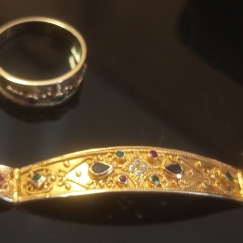 Women's gold ring and bracelet set 14k with rubies, emeralds, sapphires, like new
