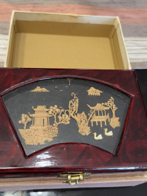 Decorative wooden box with Asian design, new, lacquered finish