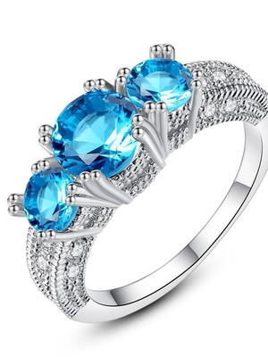 Aquamarine ring with white rhodium plating new