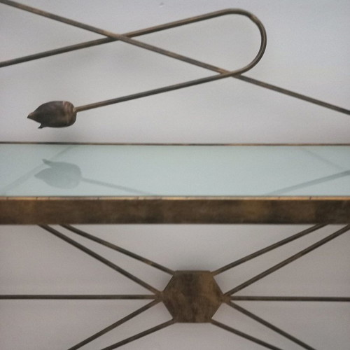 Console with mirror used, gold shade, frosted glass top