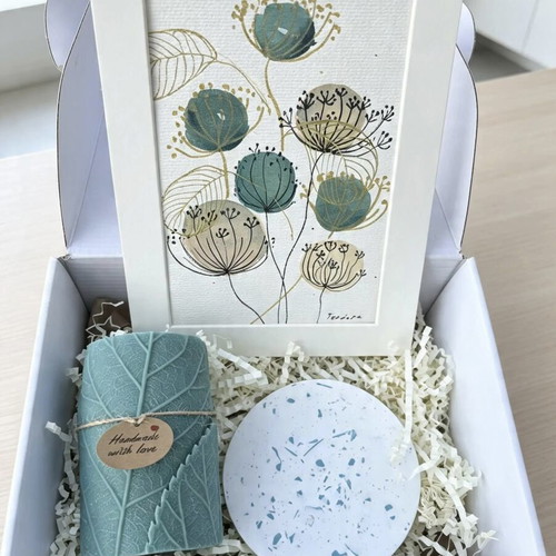 Original botanical painting, handmade candle, terrazzo coaster gift set