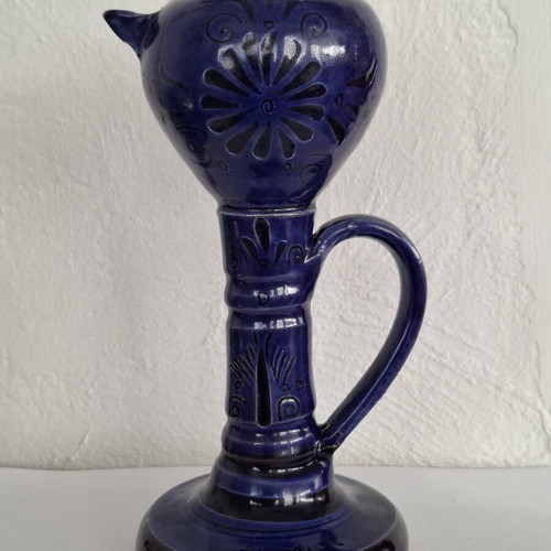 Handmade ceramic oil lamp with Sifnos style, cobalt blue, like new
