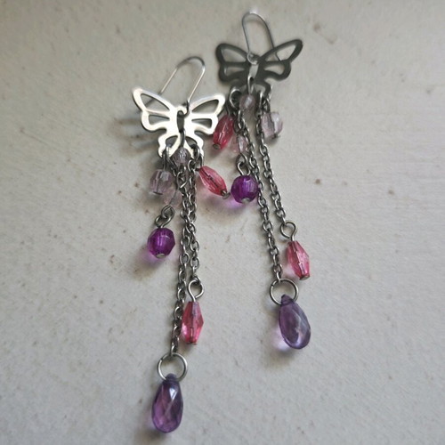 Earrings with butterfly and beads used, pink and silver