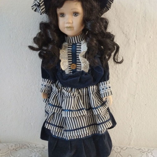 Porcelain doll vintage used, large, velvet dress, 42 cm