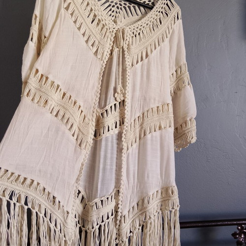 Boho kimono beach cover-up with crochet details, like new, beige
