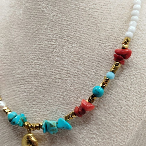 Handmade necklace with turquoise, howlite, coral, pearl, hematite, stainless steel