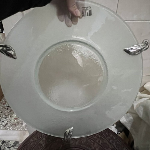 Large glass platter with silver feet Nafpliotis like new