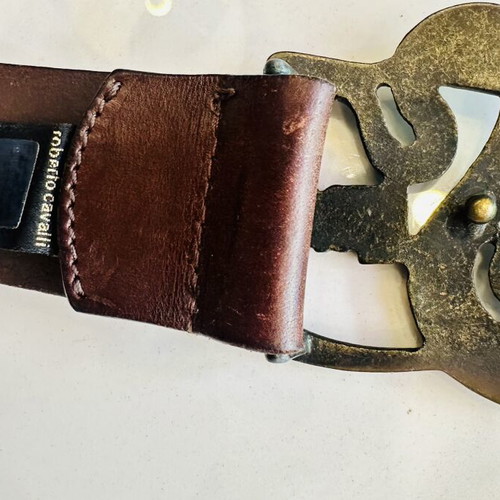 Just Cavalli leather belt with snake metal buckle, 100 cm, brown