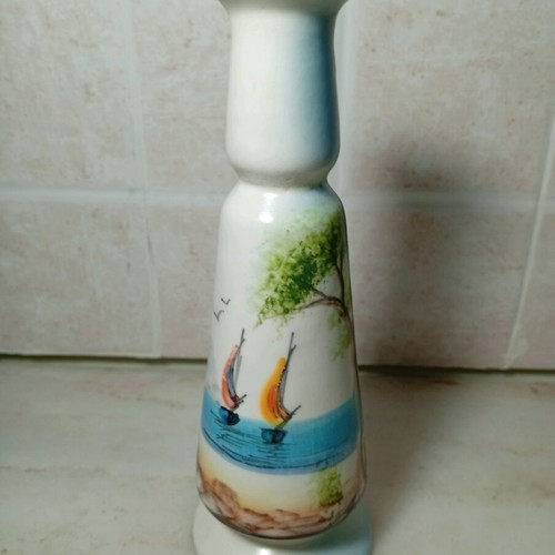 Decorative ceramic candle holder with painted sailboats like new