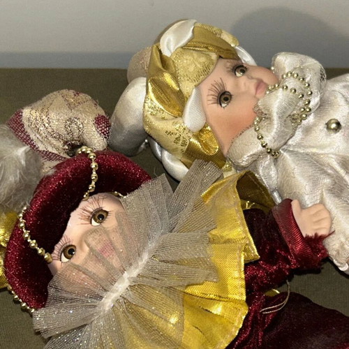 Venetian Carnival Porcelain Jester Dolls Set used, vintage