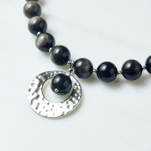 Necklace with obsidian and natural pearls new, handmade