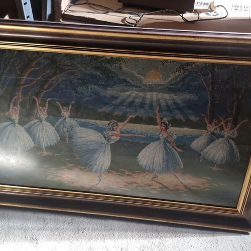 Handmade embroidered painting The Swan Lake used with wooden frame