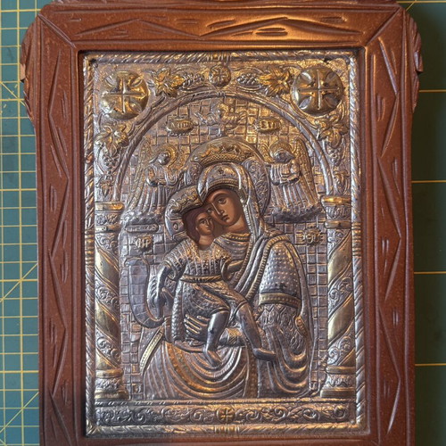 Silver Icon Panagia Axion Esti 950 in Wooden Frame 19x27 cm like new
