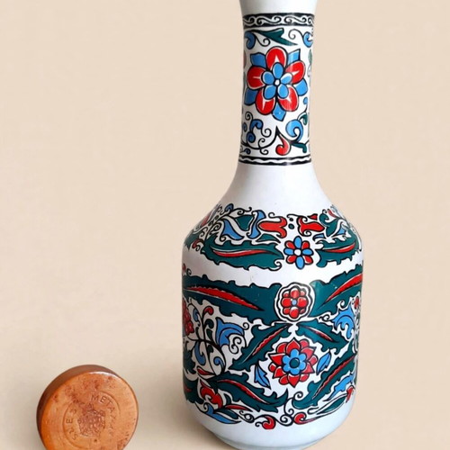 Metaxa vintage ceramic bottle 1970s Iznik floral with wooden stopper