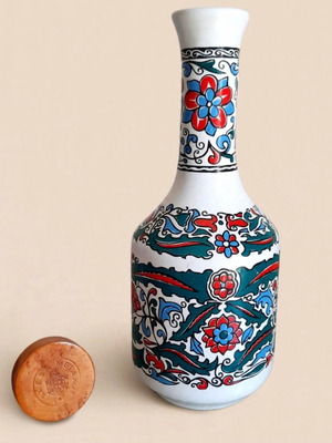 Metaxa vintage ceramic bottle 1970s Iznik floral with wooden stopper