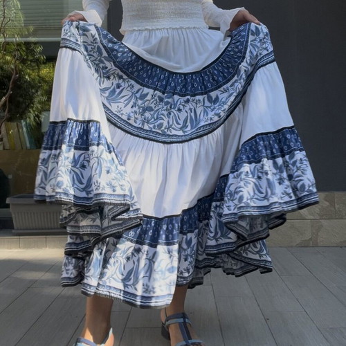 Vintage Parisian Tiered Maxi Skirt blue and white floral like new