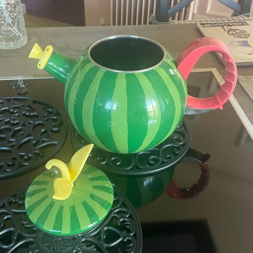 Enamel teapot 1.5 liters steel with whistle, watermelon design like new