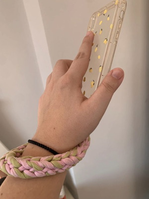 Knitted Hand Chain for Mobile with Attachment, New, Pink and Green