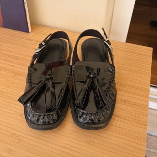 Bershka moccasins with tassels and adjustable strap, black, size 36
