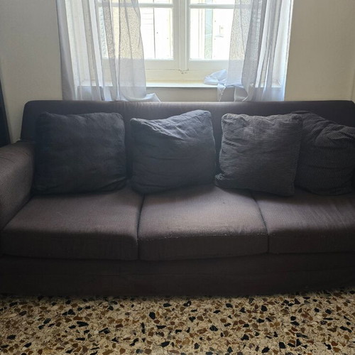 Three-seater sofa dark brown used, comfortable fabric with zipper