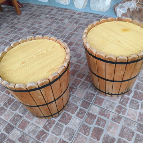 Set of 2 handmade wooden stools and side tables rustic barrel style used