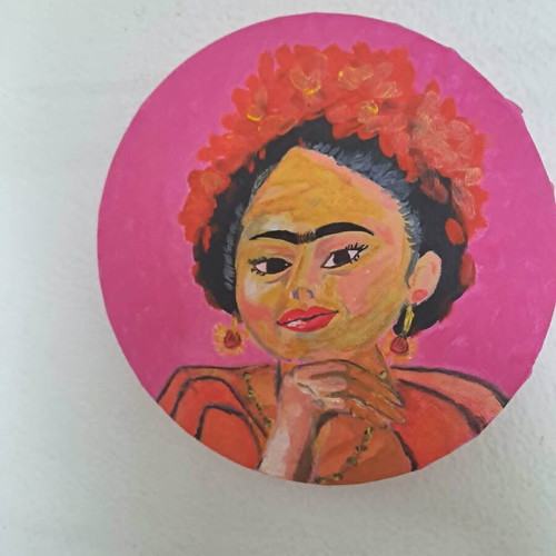 Frida Kahlo canvas, 20cm round, acrylic paints