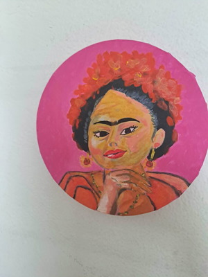 Frida Kahlo canvas, 20cm round, acrylic paints