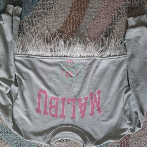 Cropped sweatshirt Malibu with print and feathers, new, grey