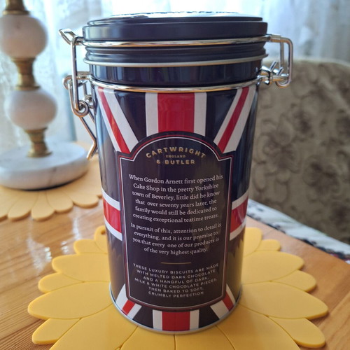Metal biscuit tin with triple chocolate chunks, new, England