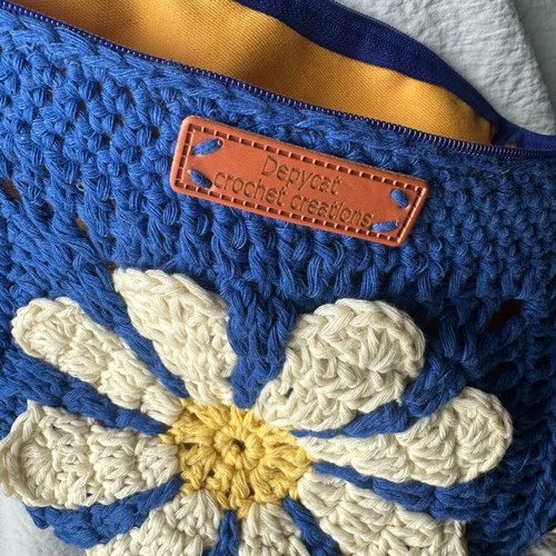 Handmade crochet shoulder bag crossbody blue with flower design