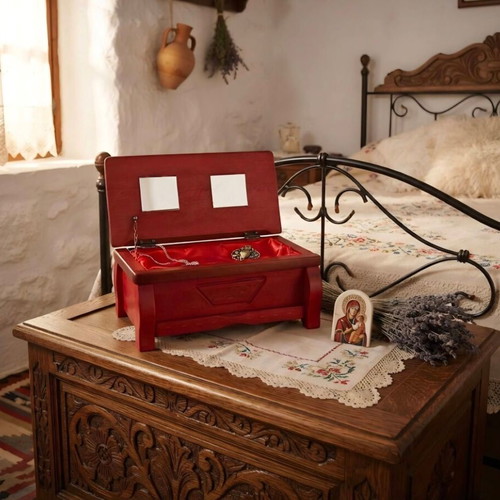 Handmade wooden jewelry box new, red satin interior
