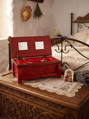 Handmade wooden jewelry box new, red satin interior