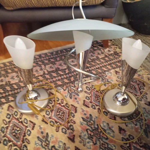 Set of ceiling lamp and 2 silver table lamps like new
