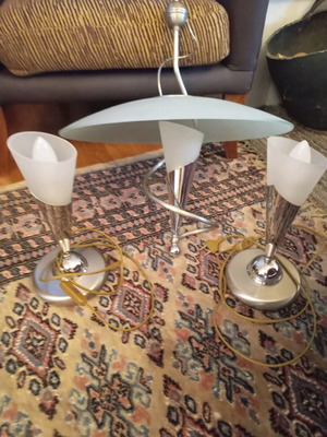 Set of ceiling lamp and 2 silver table lamps like new