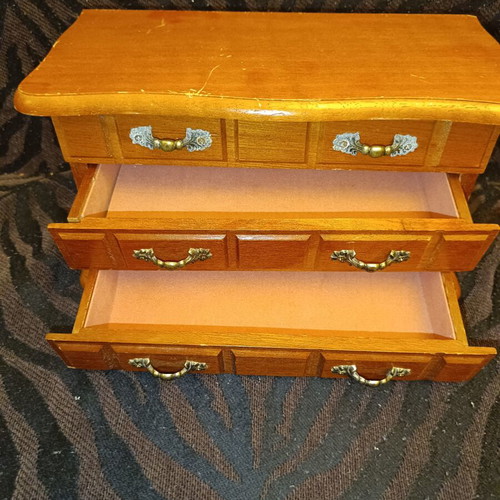 Wooden vintage jewelry box with mirror and drawers, brown