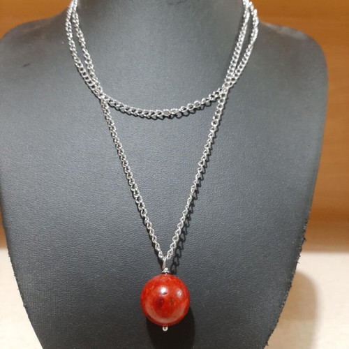 Necklace and earrings with coral in steel, new, 70 cm long