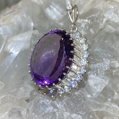 Silver pendant with large cut natural amethyst stone and moissanites, new