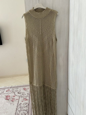 Zara χρυσό πλεκτό φόρεμα παραλίας μακρύ με κρόσια σαν καινούργιο